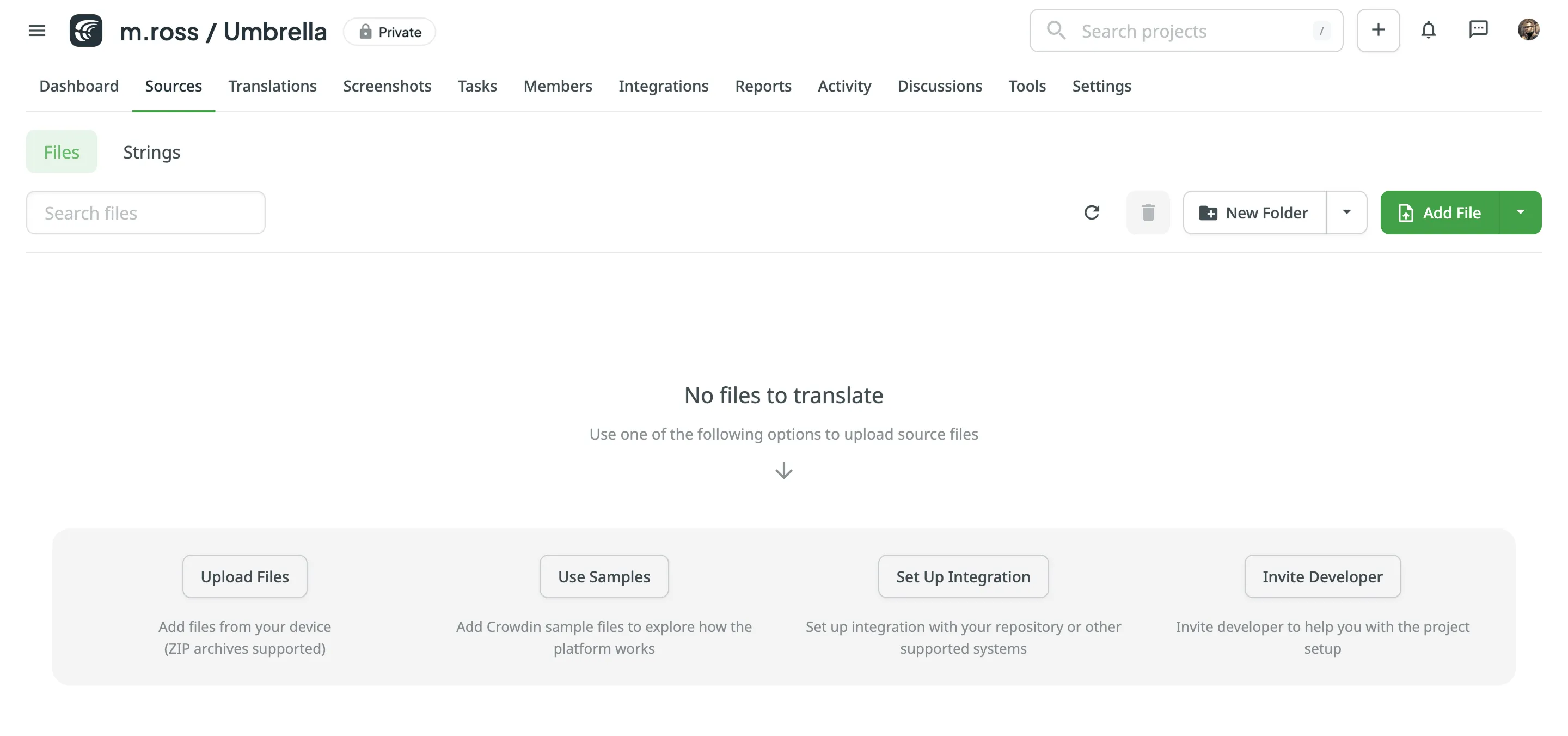Files tab in the project settings